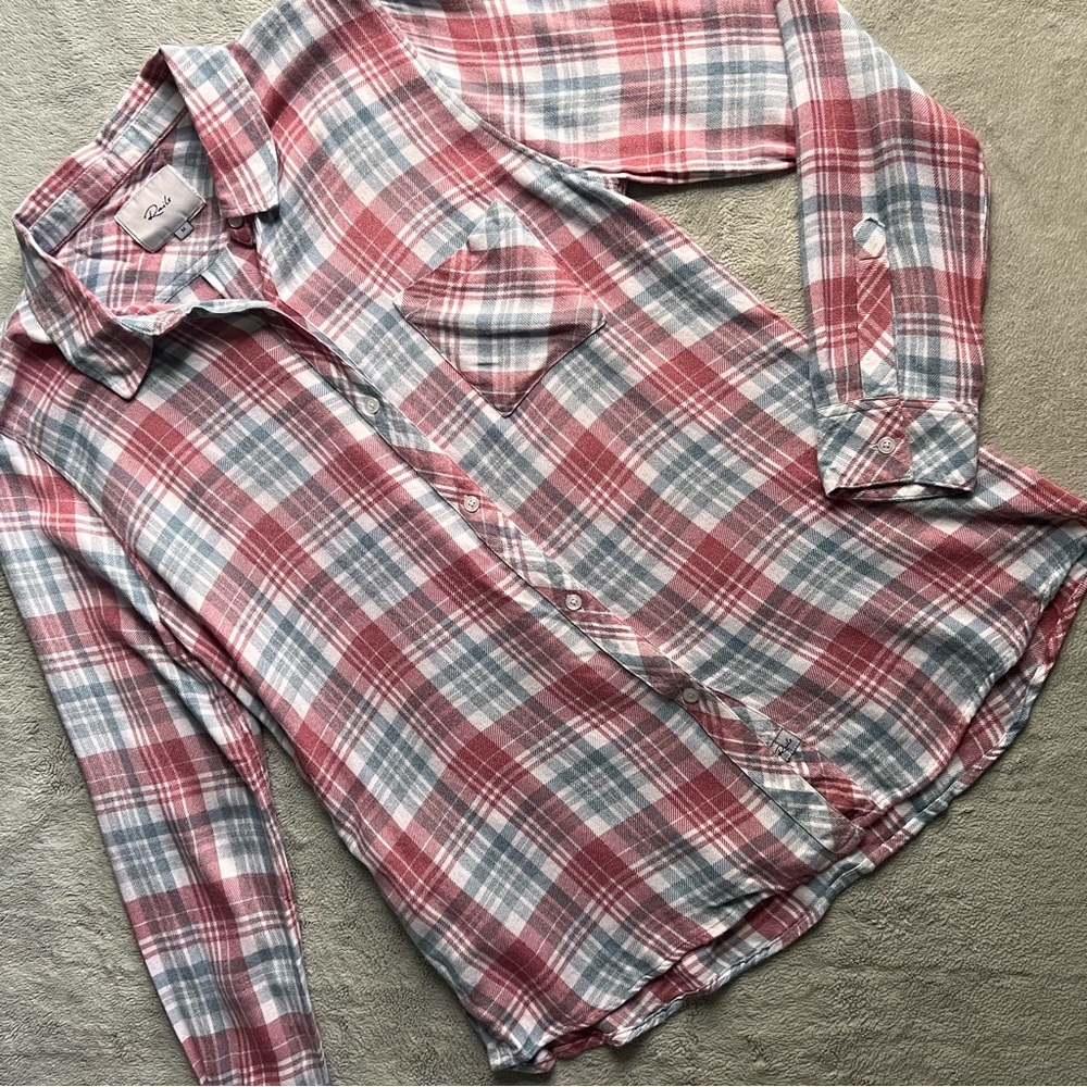 Rails Hunter Plaid Button Long Sleeve Shirt Rayon Rosewood Sky White Pink Blue